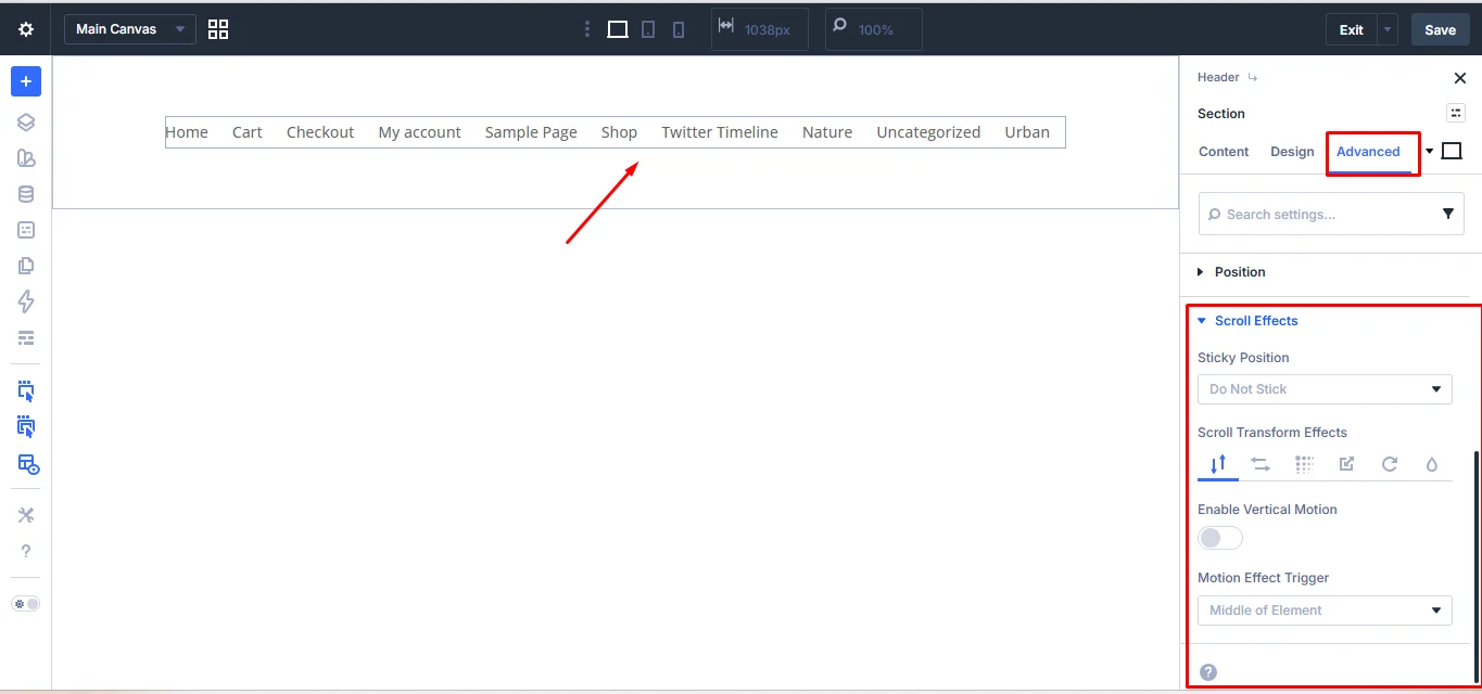 Scroll Effects section in Divi Builder.
