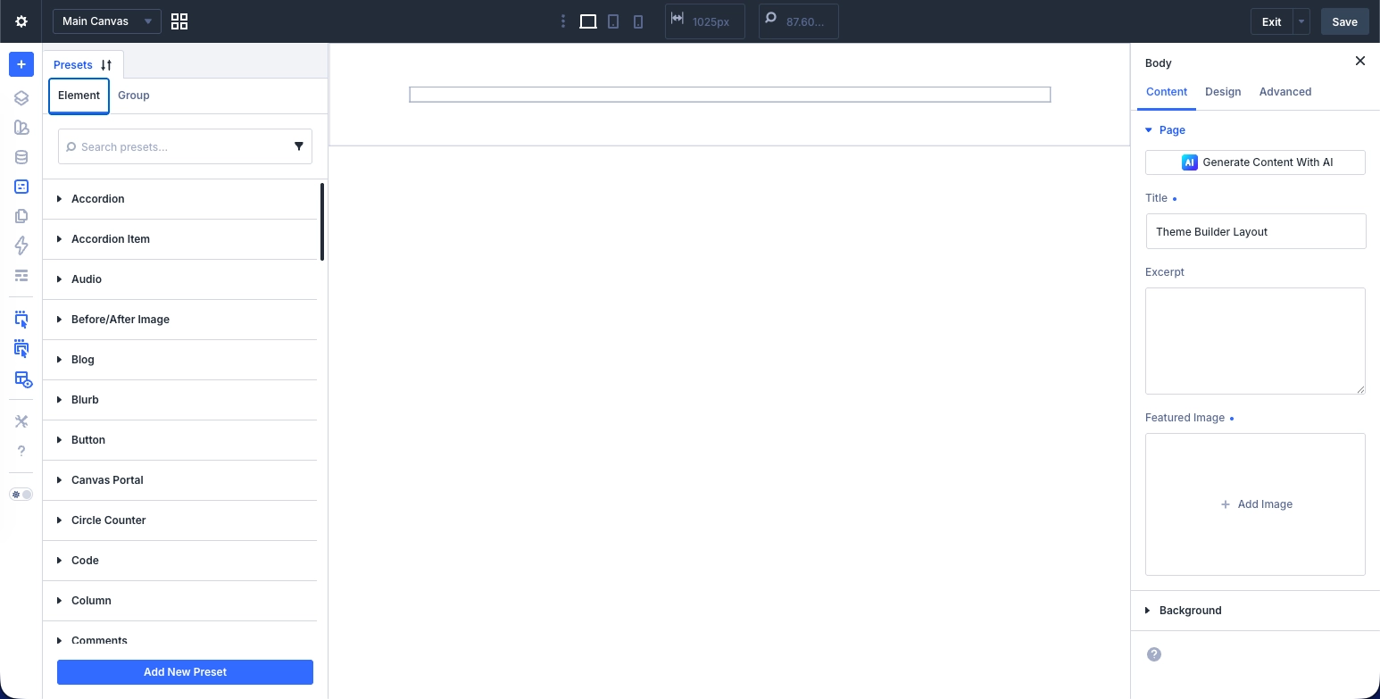 The Presets option in the Divi 5 Builder with Element field.