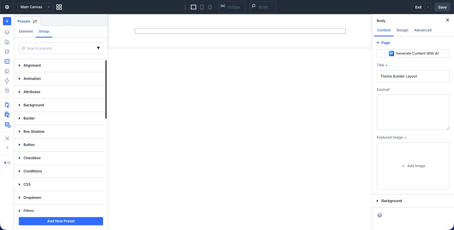 The Presets option in the Divi 5 Builder with Group field.
