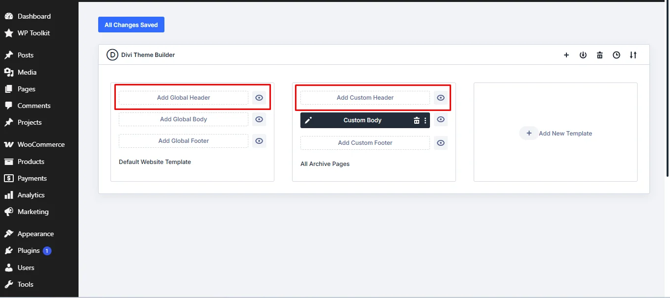 Global and Custom Header options in the Divi 5 Theme Builder.