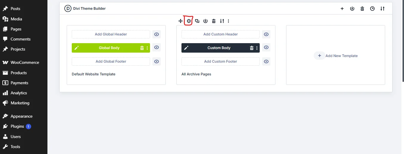 Settings icon in the Divi Theme Builder.