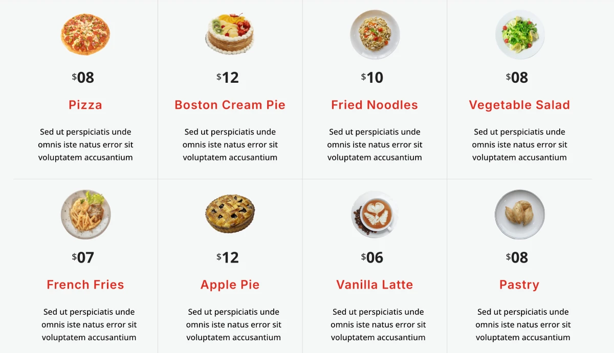 Divi food services pricing table