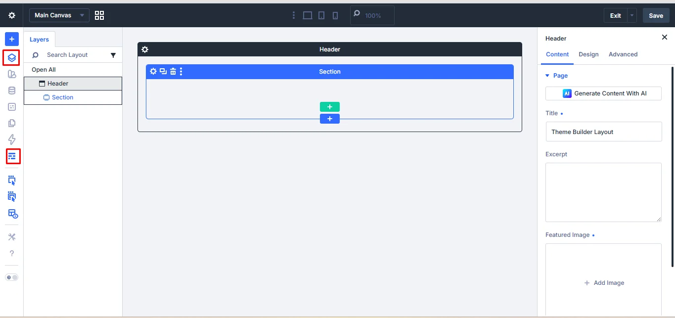 The Layer view, Wireframe, and Breadcrumbs in the new Divi builder.