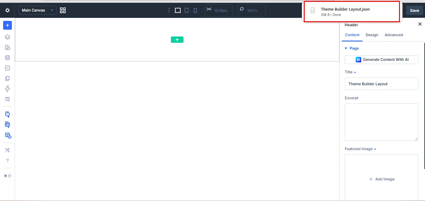 The Divi Layout exported notification in the Browser tab.