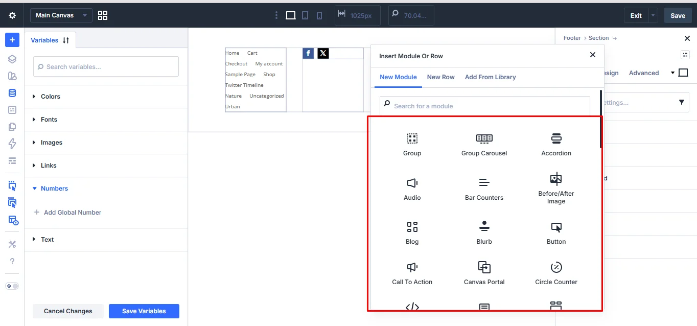 Modules dialog in the Divi builder.