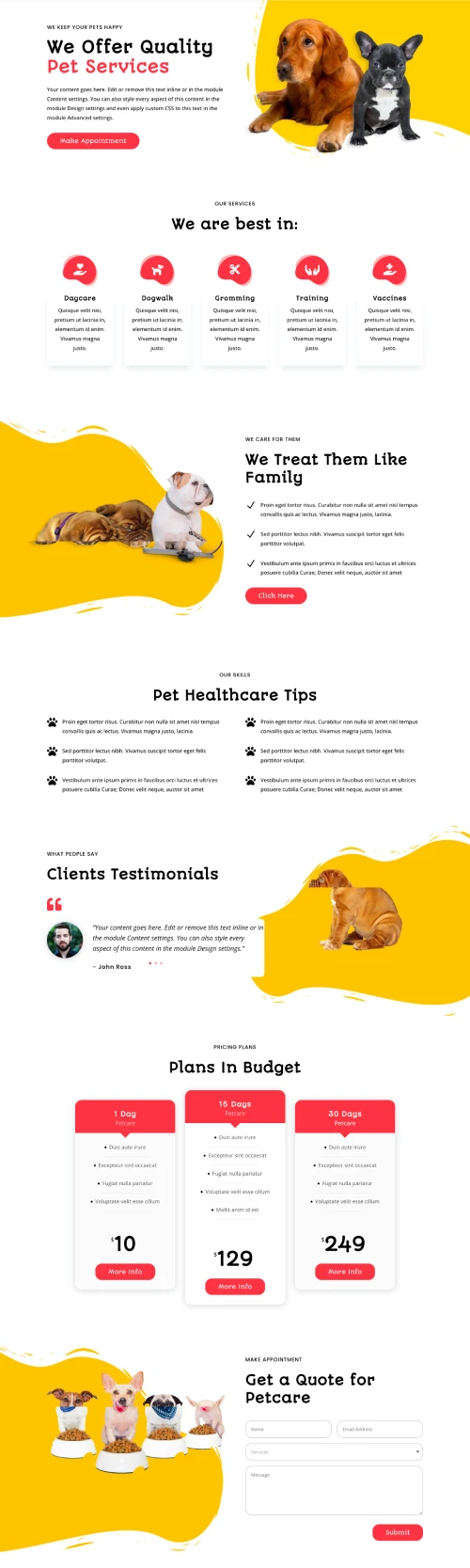 Divi pet services homepage