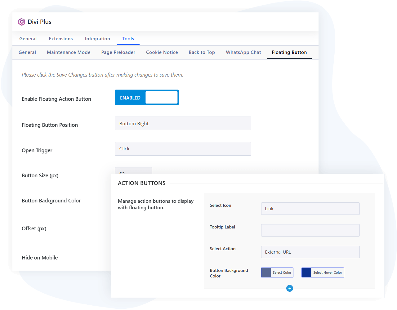 Demonstration image of Divi floating button extension settings