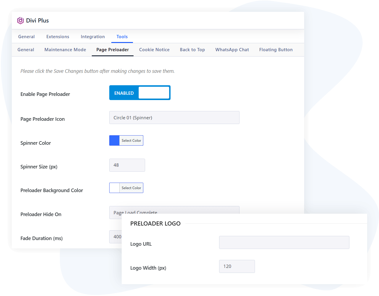 Demonstration image of Divi page preloader extension settings