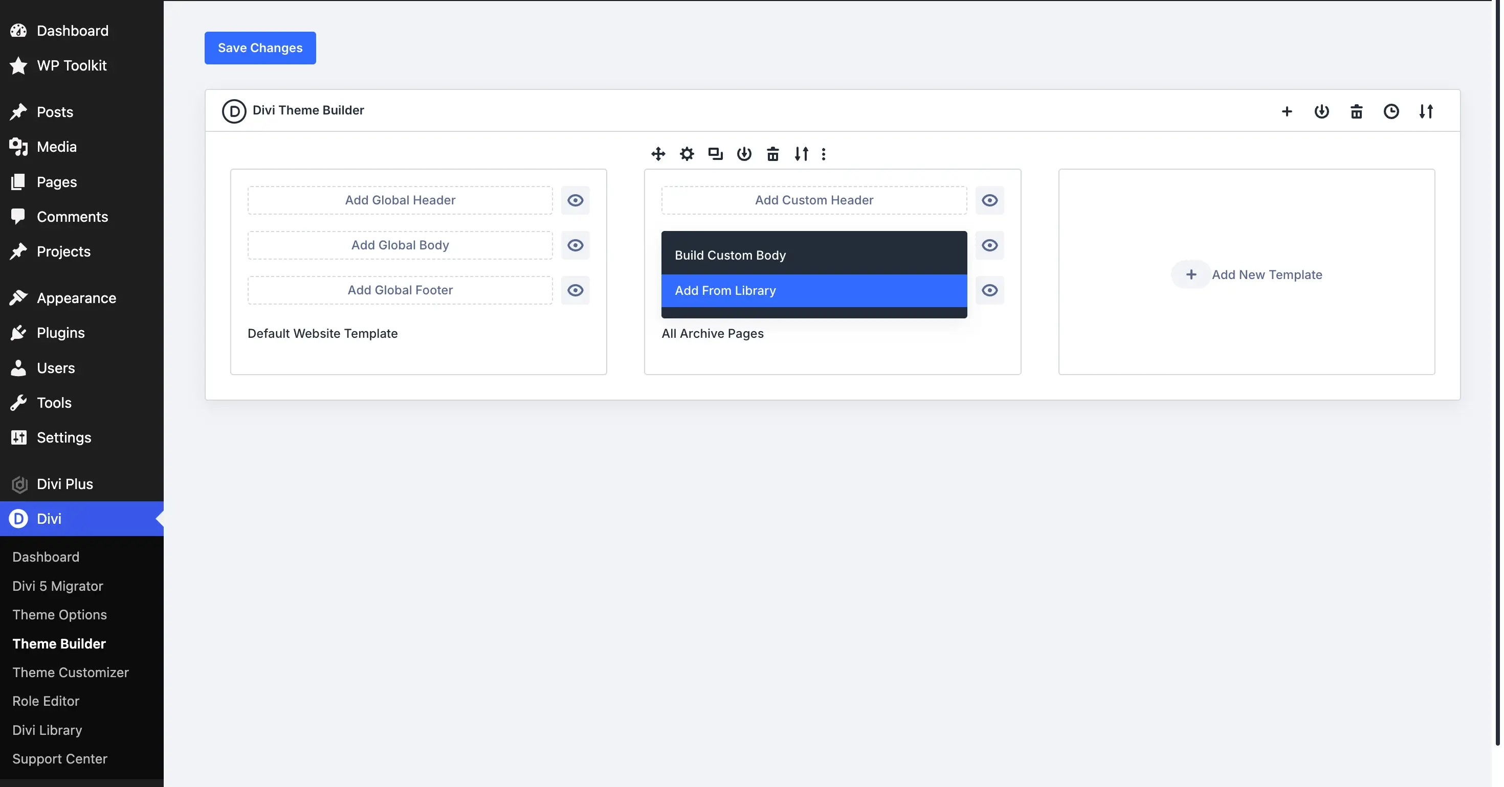 Build Custom or Add From Library options in the Divi 5 Theme Builder.