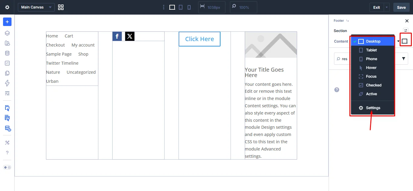 Device settings in the Divi 5 Theme Builder for the footer.