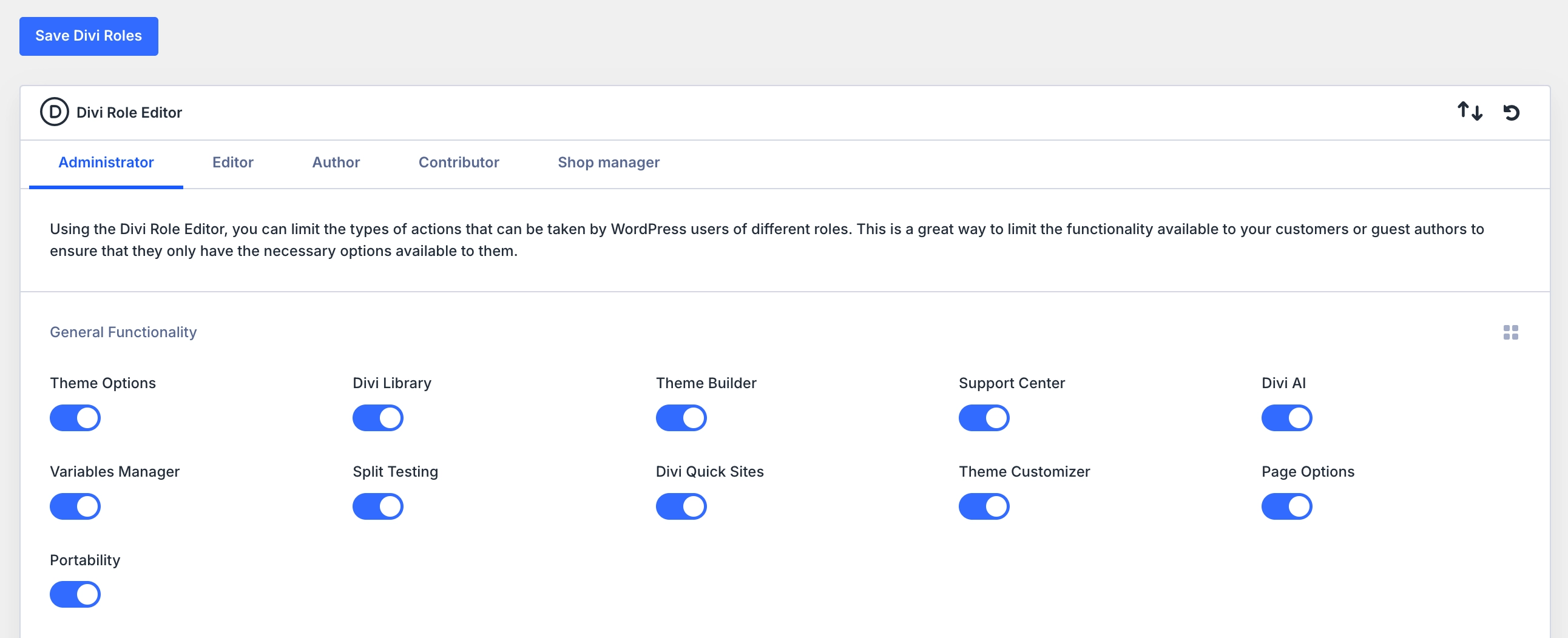 Divi Role Editor options.
