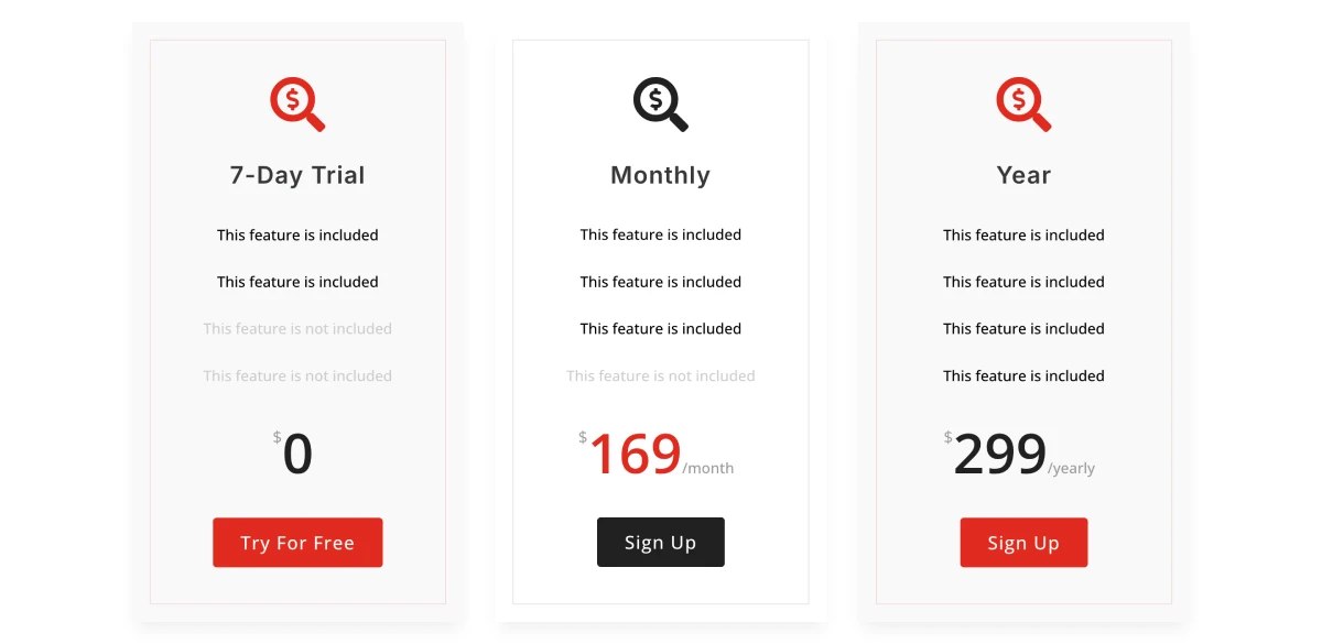Divi web development pricing table