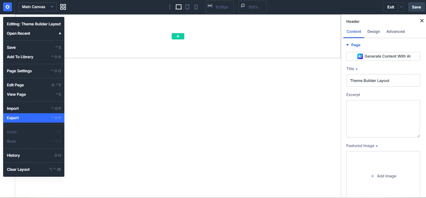 Export option of the Divi 5 theme.