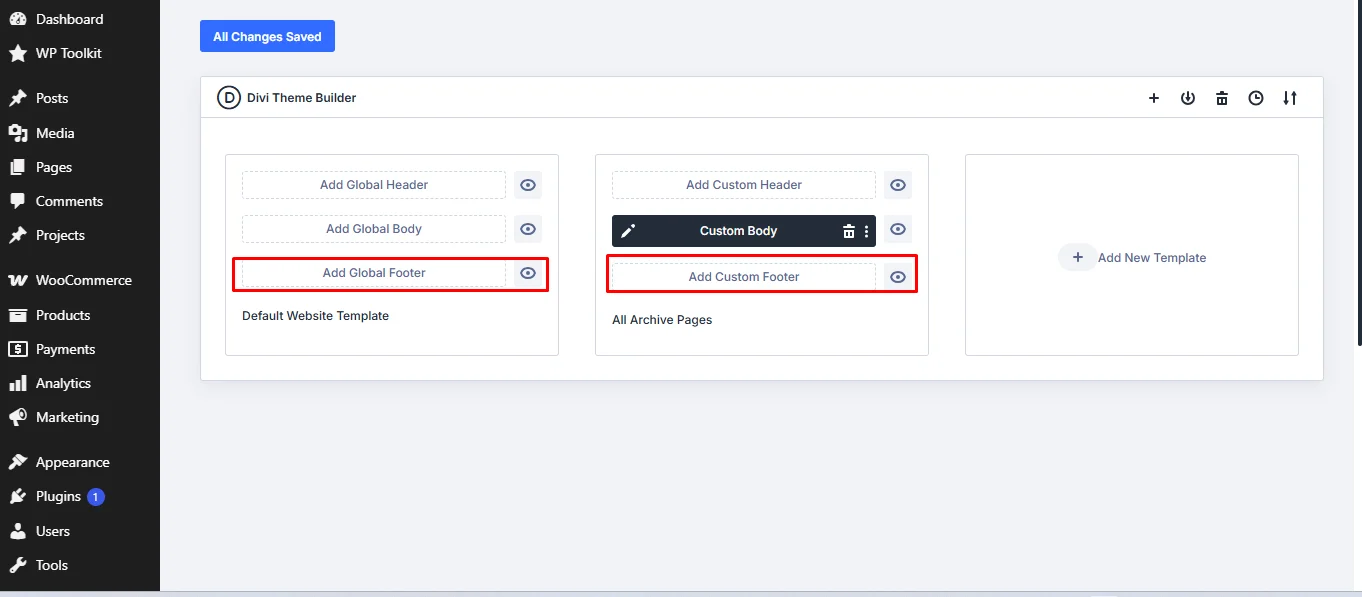 The Global and Custom Footer options in Divi 5 Theme Builder.
