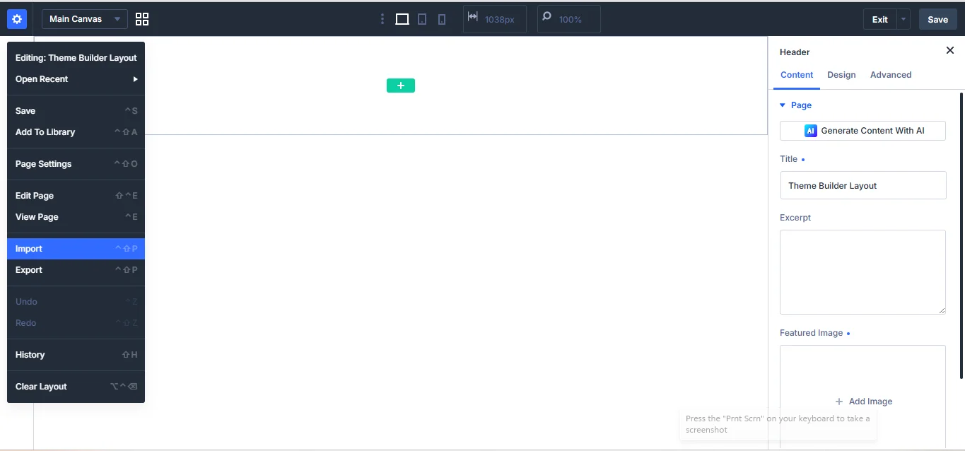 The Import button inside the Divi 5 Theme Builder