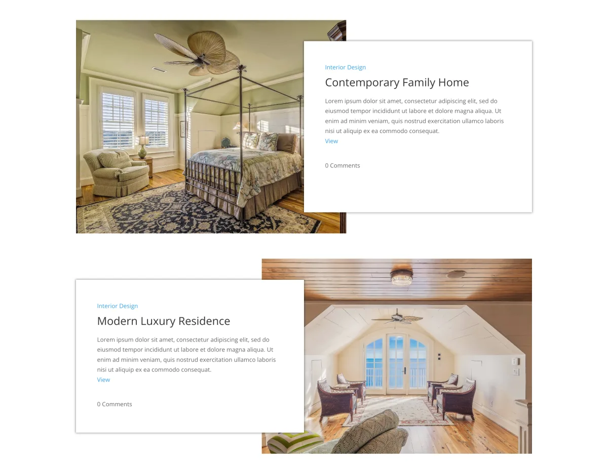 Interior design portfolio using Divi Blog Extras