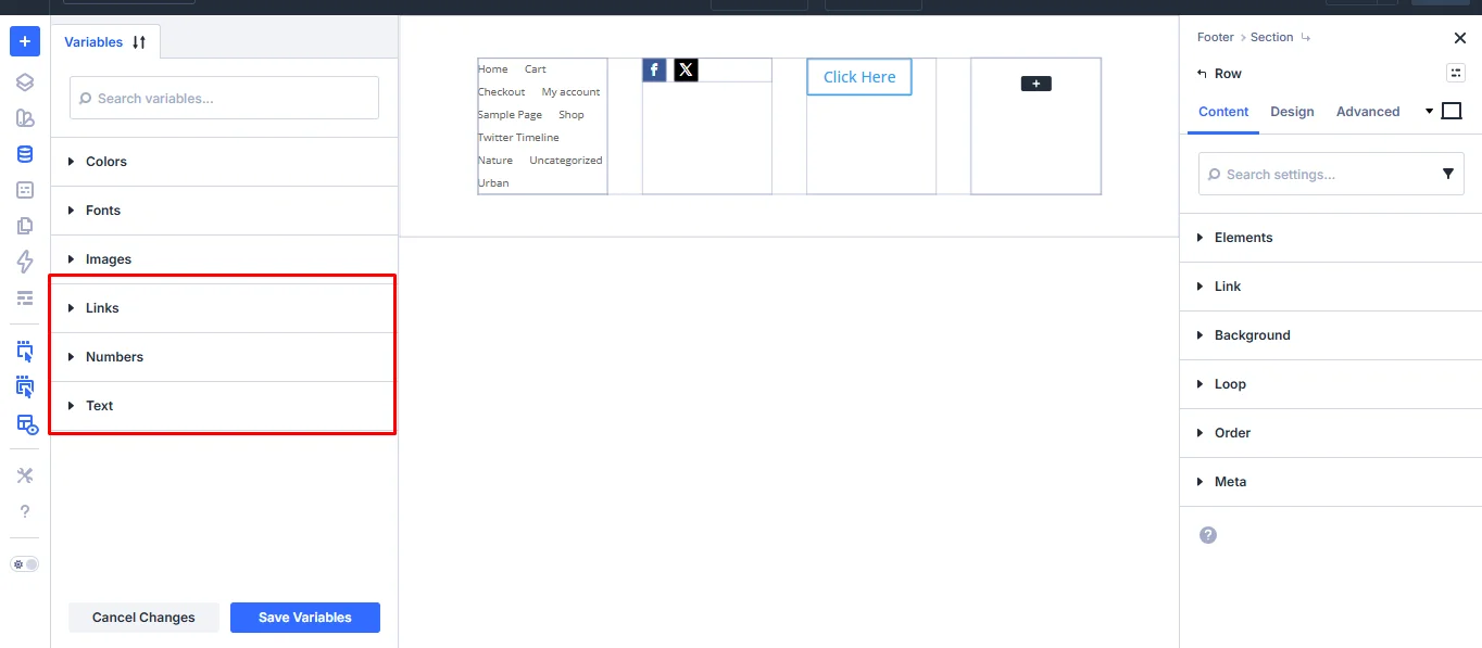 Divi 5 Variables with Links, Numbers, and Text options.