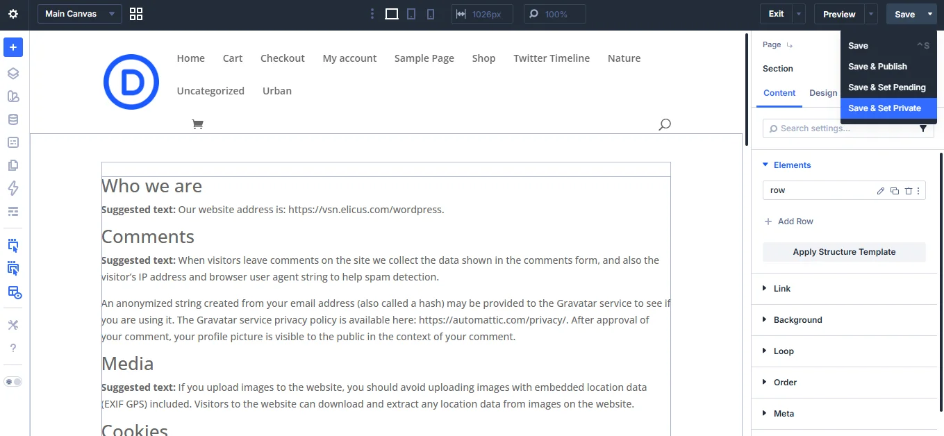 Divi Builder Save options.
