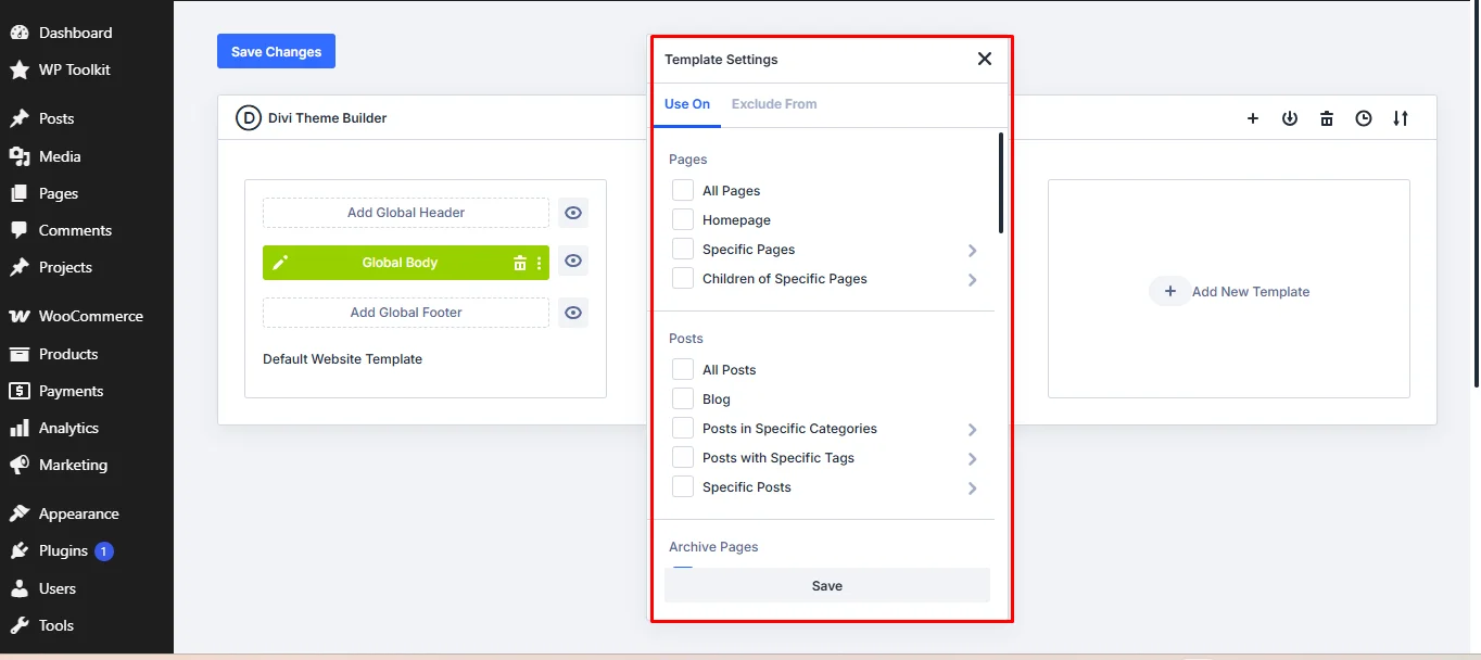 Divi 5 Template Settings.