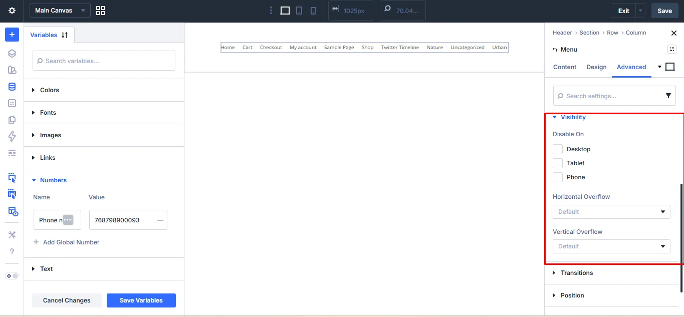 Visibility options in the Divi 5 theme builder for Header.