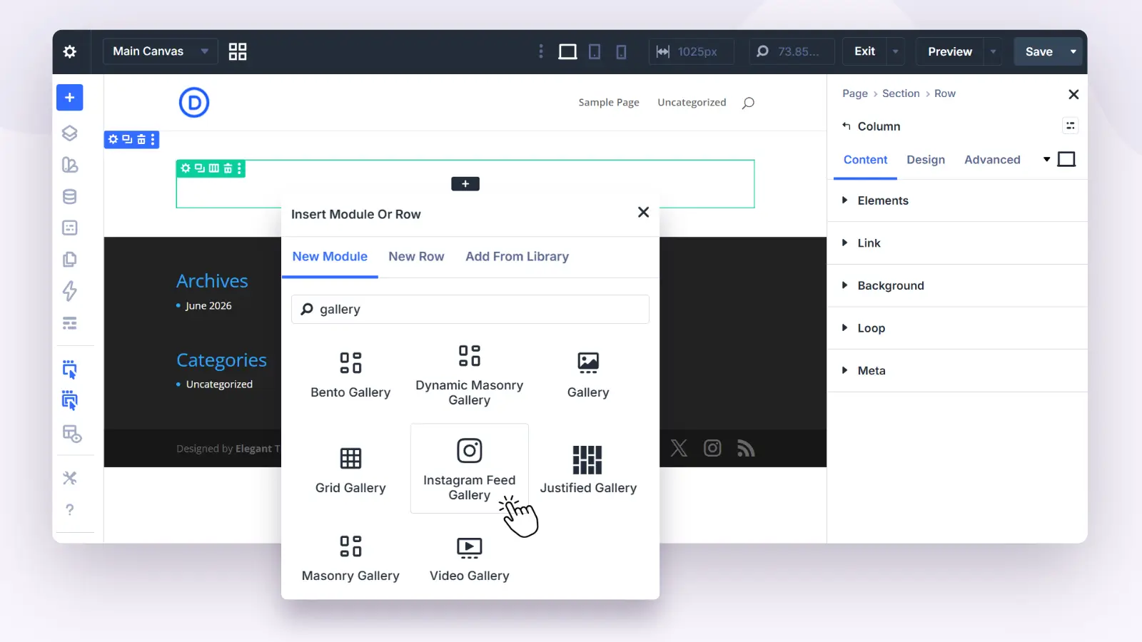 Adding the Instagram feed gallery module to a Divi page section