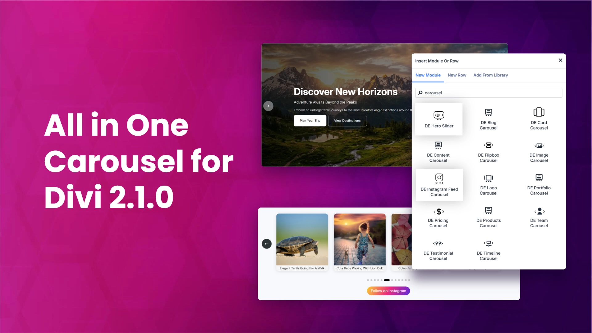 All in One Carousel for Divi 2.1.0 module list with the two new Divi 5 modules