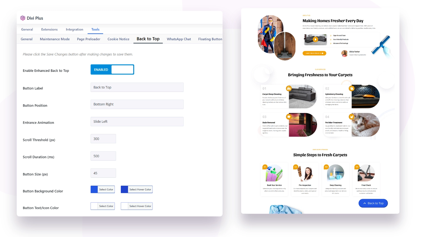 Divi Plus back to top button on a long page