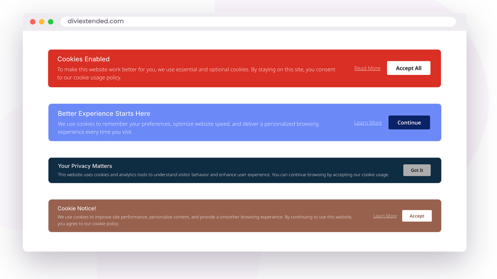 Divi Plus cookie notice showing a cookie consent bar on a site