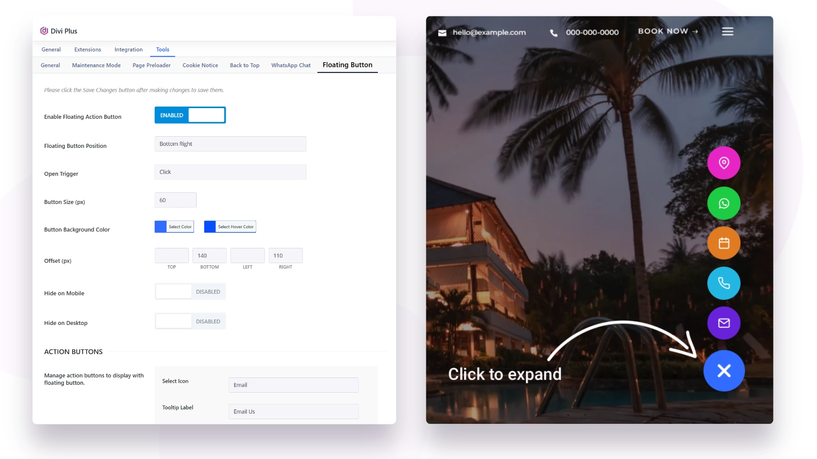 Divi Plus floating action button expanded with quick actions