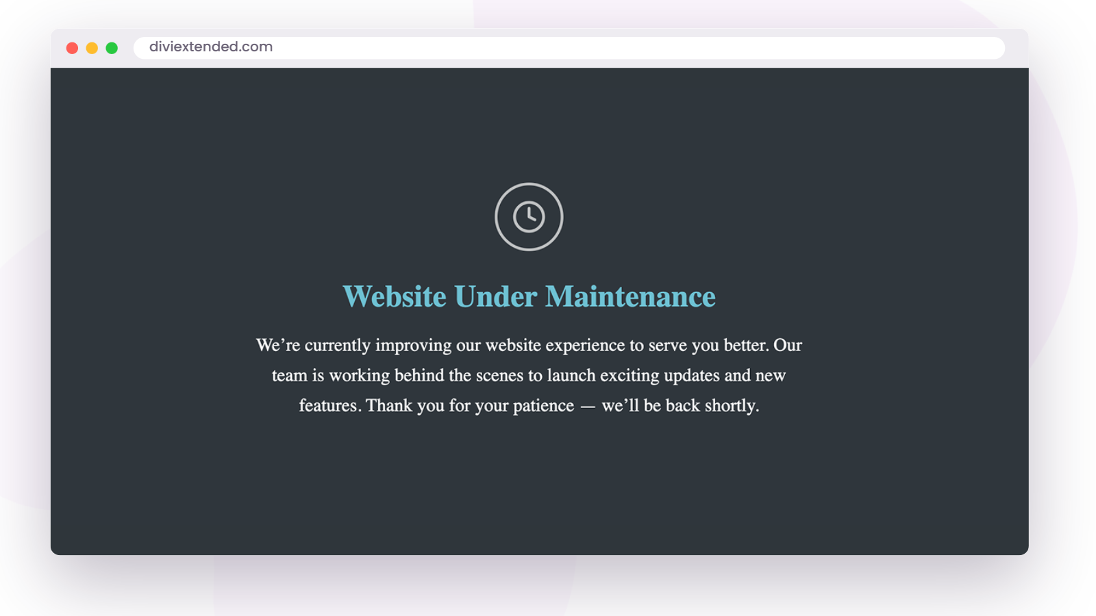 Divi Plus maintenance mode showing a holding page while the site is worked on