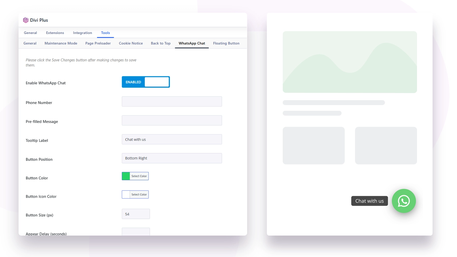 Divi Plus WhatsApp chat button added to a WordPress site
