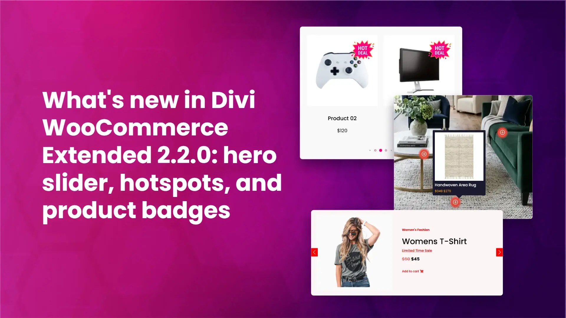 Divi WooCommerce Extended 2.2.0 store layout with hero slider and product badges