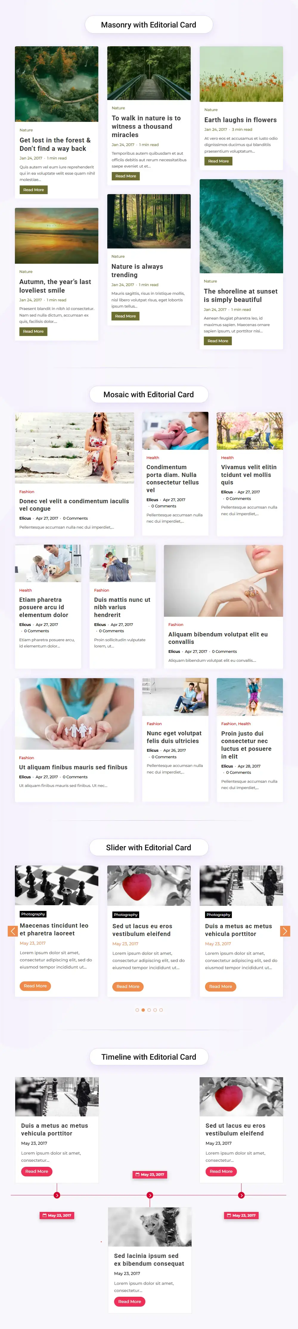 Four Editorial Card layout variants in Divi Blog Extras - masonry, slider, timeline, and mosaic