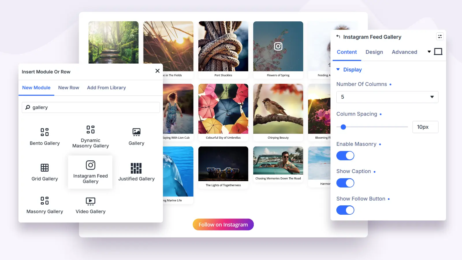 Instagram feed gallery module settings inside the Divi builder