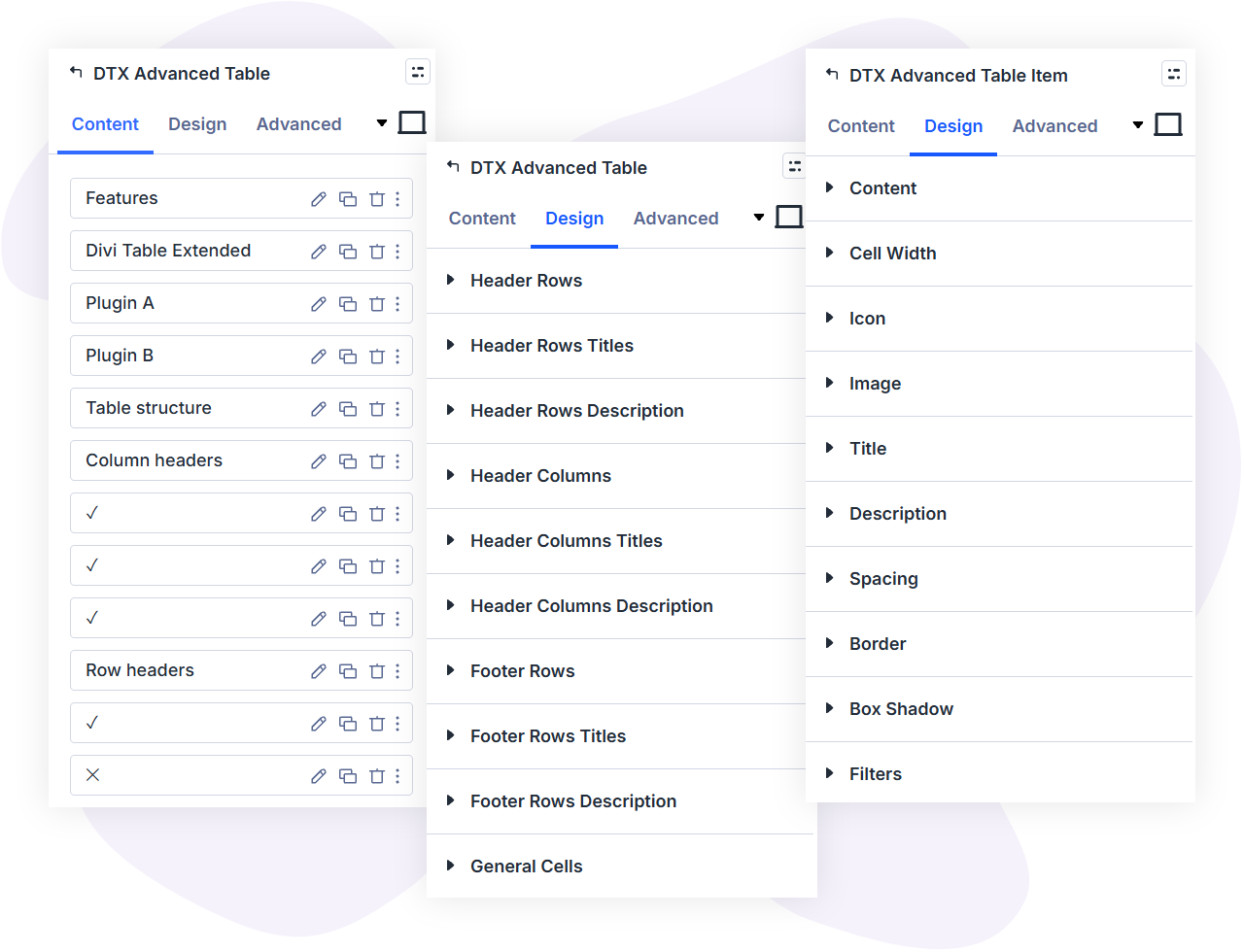 Divi advanced table and advanced table item modules setting panels