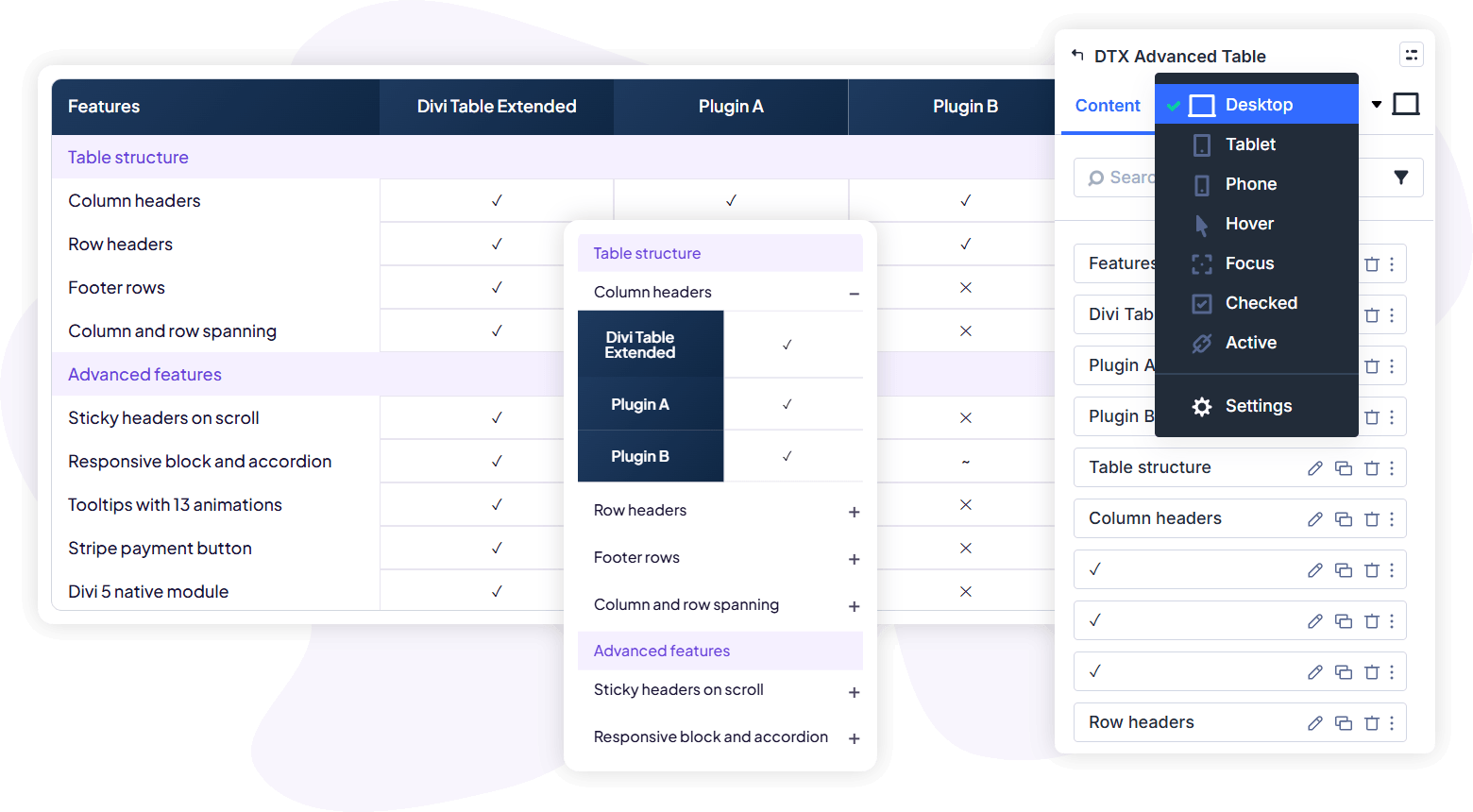 Representation of building responsive tables in Divi builder