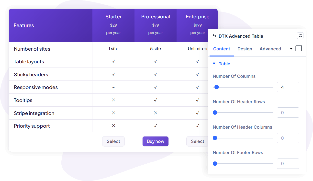 Divi table plugin settings