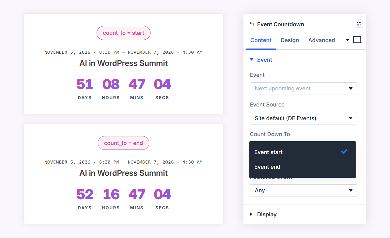 Demonstration of event countdown module