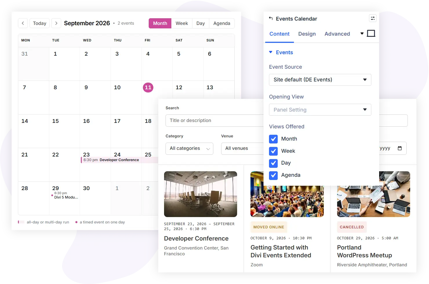 Events calendar and feed built with Divi events