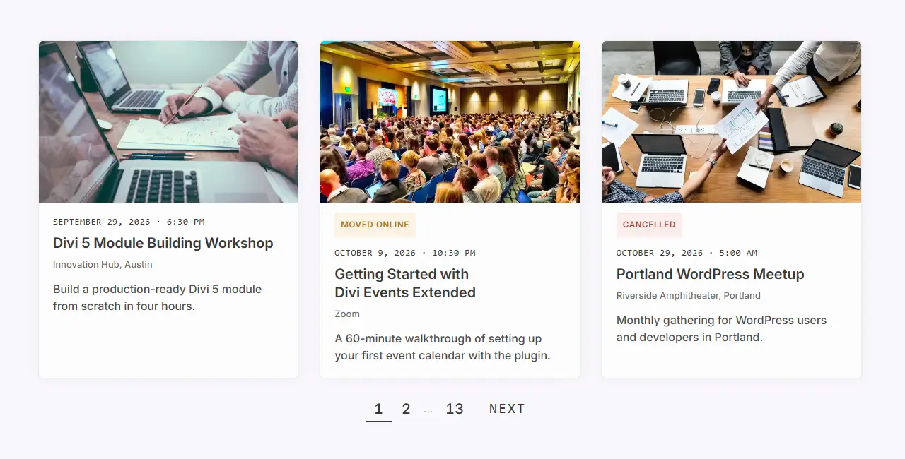 Demonstration of events feed module