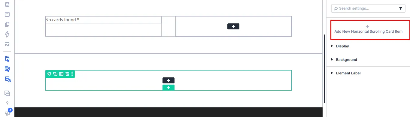 Horizontal Scrolling Card module settings with the Add New Horizontal Scrolling Card Item button highlighted.