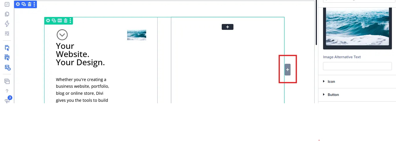 Scroll Stack Cards module in the builder with the plus button for adding another card highlighted.