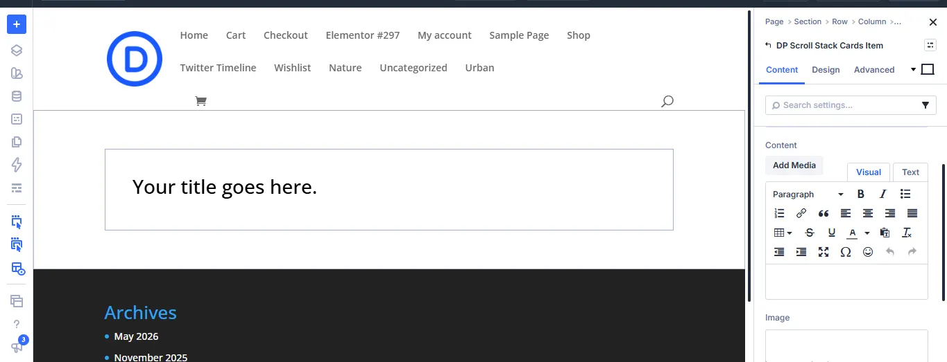 Scroll Stack Cards item settings with the Content editor and Image field in the sidebar.