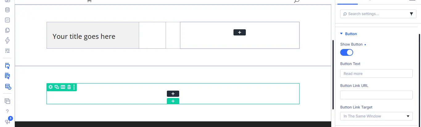 Card item settings with Show Button switched on and fields for Button Text, Button Link URL, and Button Link Target.