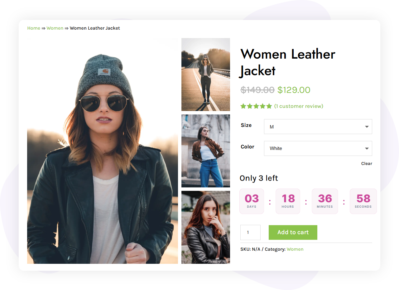 Sale countdown with an Only 3 left stock line on a product page built in Divi and WooCommerce
