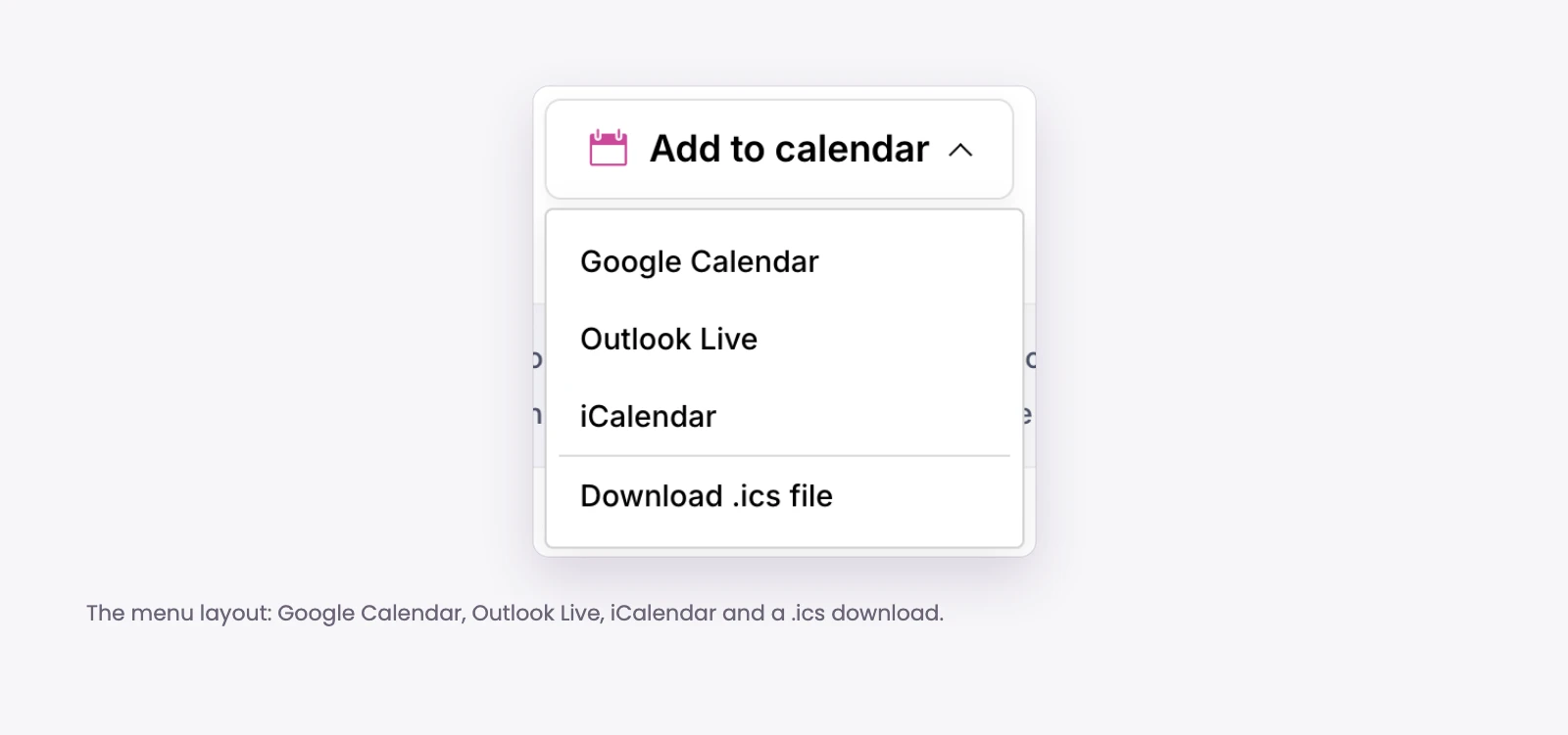 Add to Calendar menu listing Google Calendar, Outlook Live, iCalendar and an .ics download