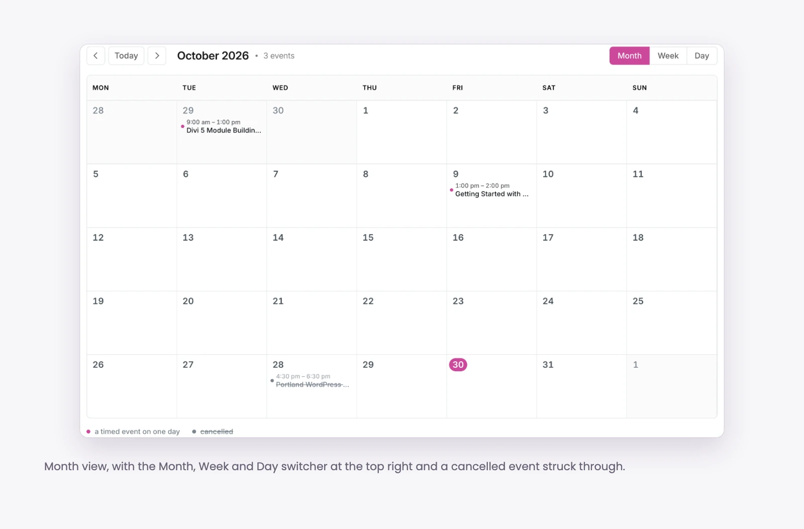 Events Calendar module for Divi 5 in month view, with month, week and day buttons