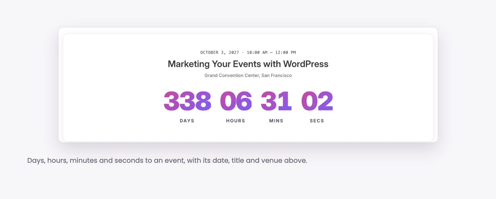 Event Countdown module counting down days, hours, minutes and seconds to an event