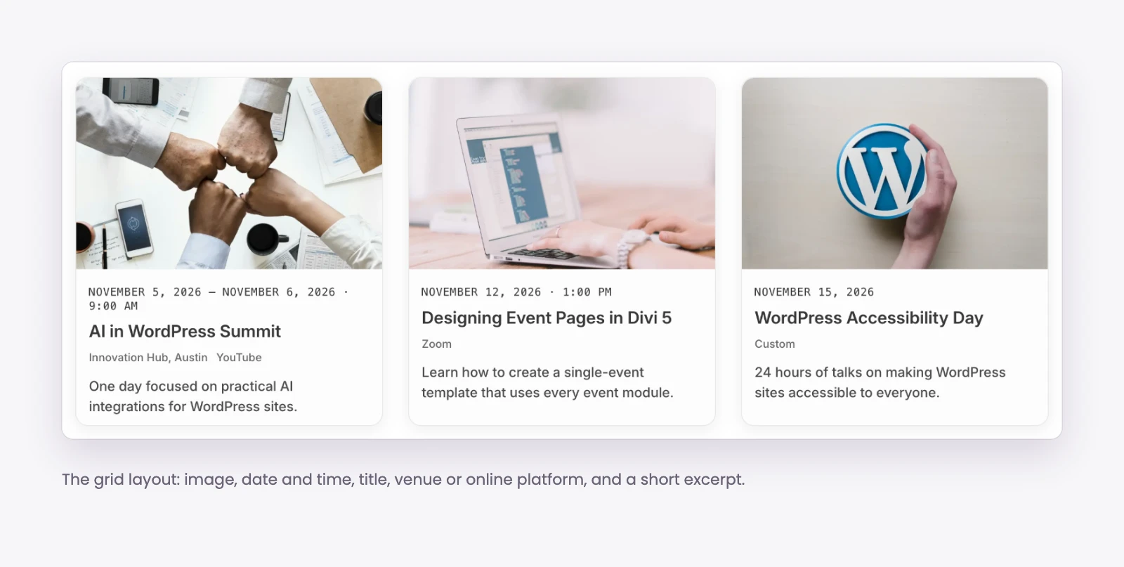 Events Feed module showing upcoming events as a card grid with image, date, time and venue