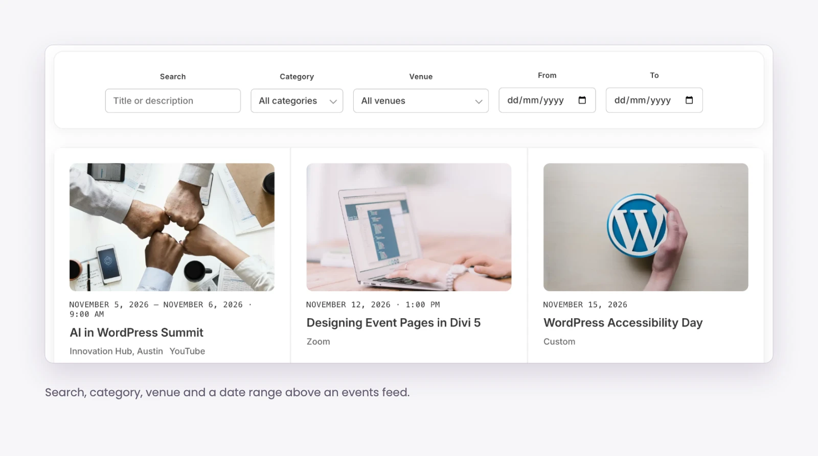 Events Filter Bar for Divi 5 with search, category, venue and date range filters above an events feed